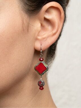 Czech Glass Red Bead Earrings | Window Cut Rustic Dangle Handmade